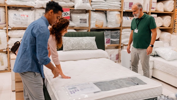 een koppel staat met verkoper in matrassenwinkel en voelen een matras